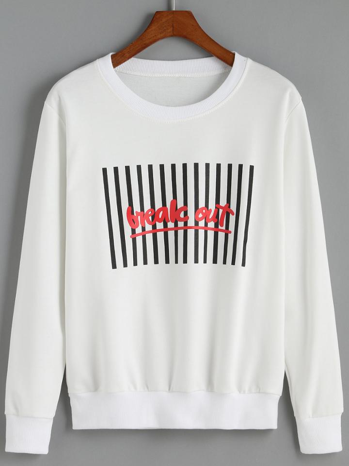 Romwe Vertical Striped Letter Print White Sweatshirt