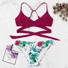 Romwe Wrap Top With Random Tropical Low Rise Bikini