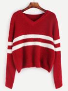 Romwe Red Striped Chevron Knit Crop Sweater