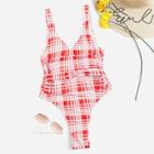 Romwe Plaid Underwire Low Back Belted One Piece Swimsuit