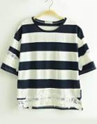 Romwe Navy White Short Sleeve Striped Lace T-shirt