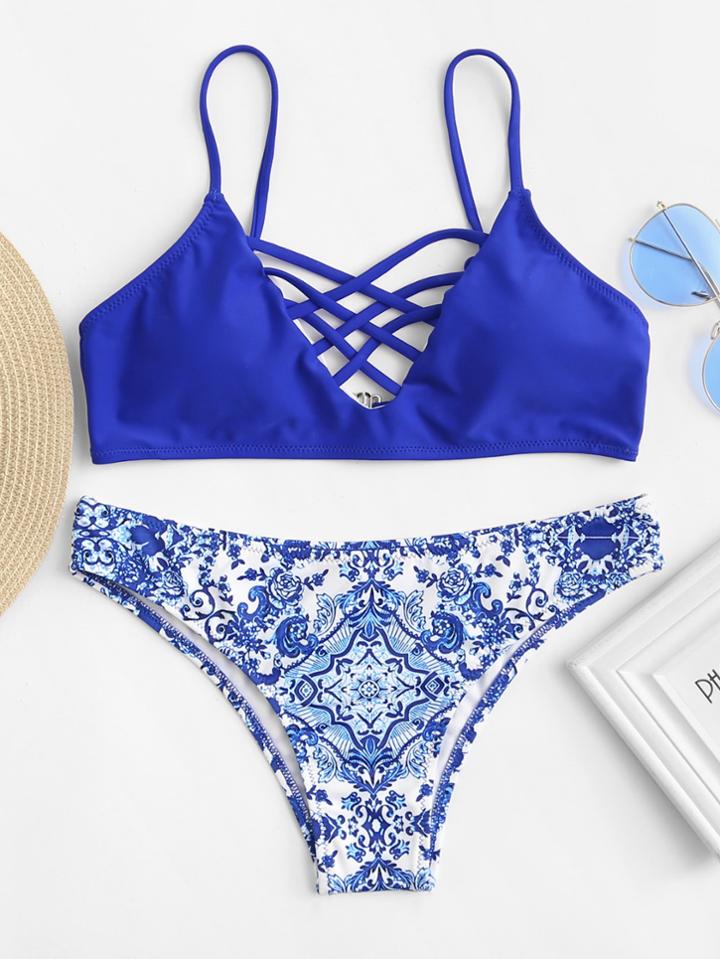 Romwe Criss Cross Front Porcelain Print Bikini Set