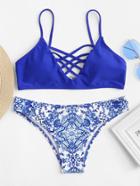 Romwe Criss Cross Front Porcelain Print Bikini Set