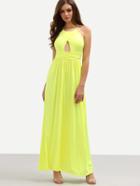 Romwe Halter Neck Slit Front Ruched Long Dress - Yellow