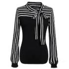 Romwe Plus Tie Neck Striped Blouse