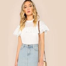 Romwe Mock-neck Ruffle Trim Eyelet Embroidered Top