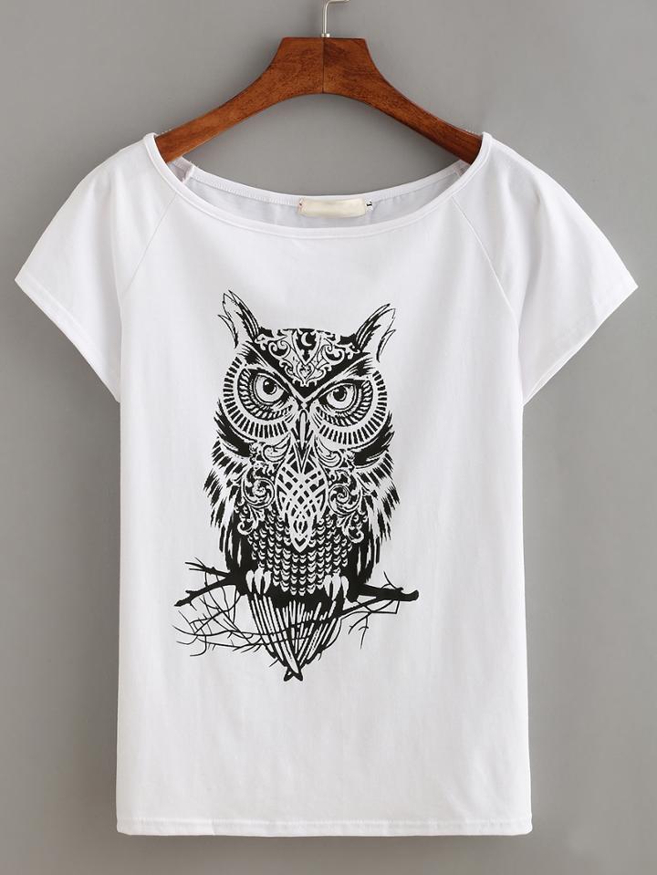 Romwe Owl Print Short Sleeve T-shirt - White