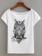 Romwe Owl Print Short Sleeve T-shirt - White