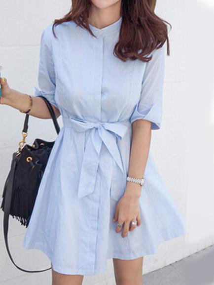 Romwe Self-tie Vertical Striped Shirt Dress - Blue