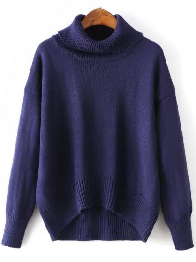 Romwe Turtleneck High Low Navy Sweater