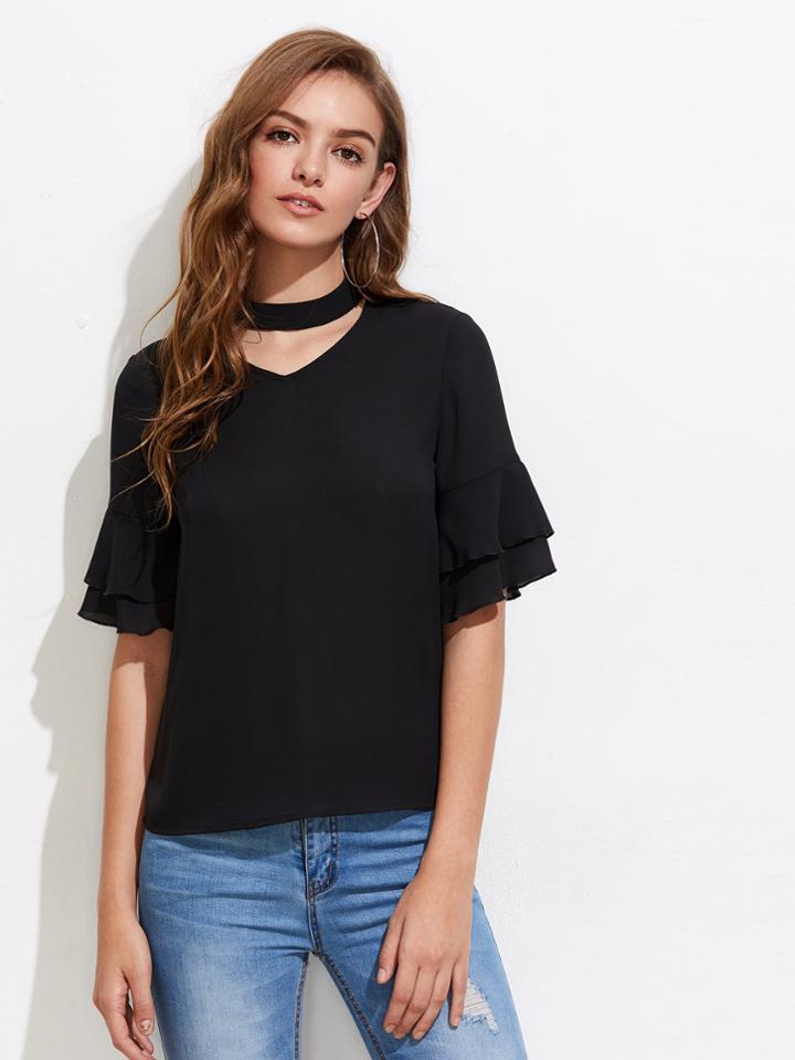 Romwe Choker Neck Layered Fluted Sleeve Top