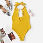 Romwe Solid Bow Tie Halter Swimsuit