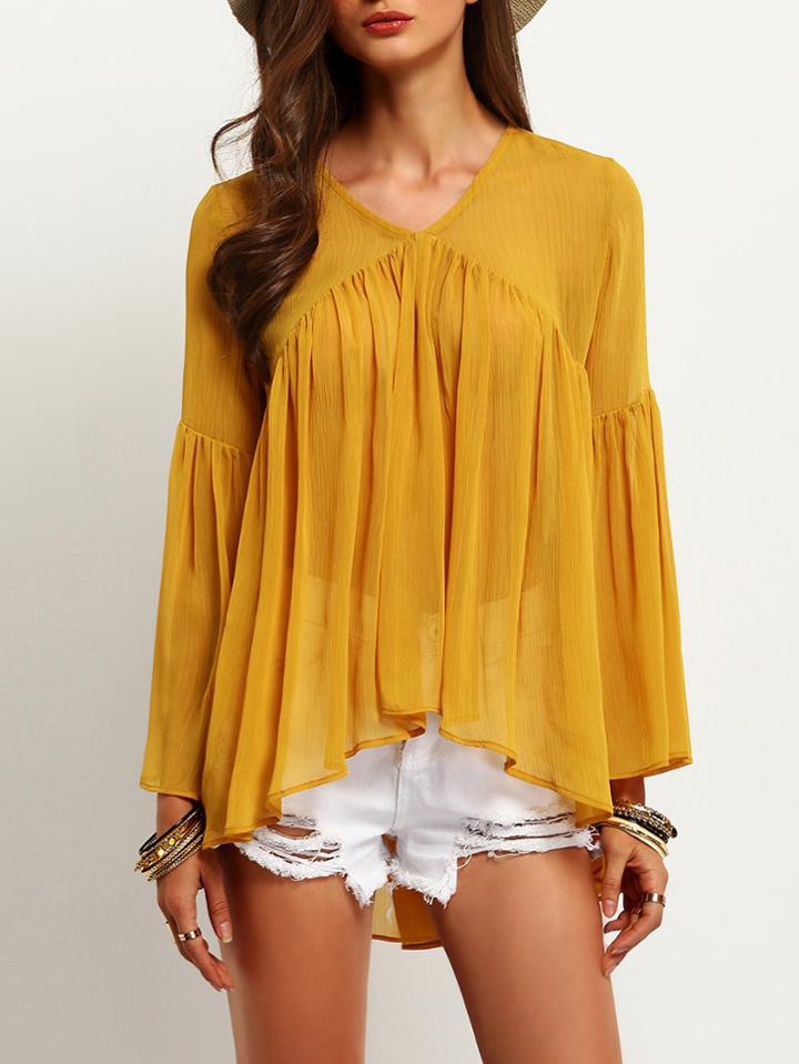 Romwe Yellow Bell Sleeve Ruffle Blouse