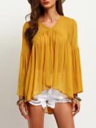 Romwe Yellow Bell Sleeve Ruffle Blouse