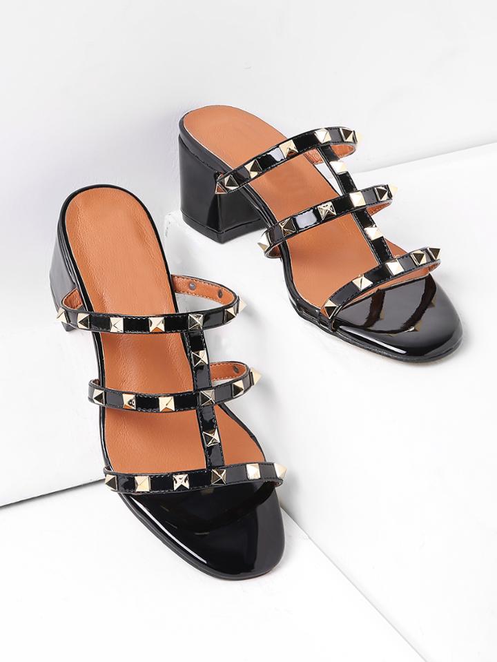 Romwe Studded Block Heeled Caged Mules