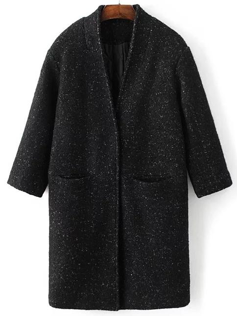 Romwe Black Hidden Button Pocket Wool Blend Coat