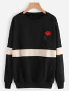 Romwe Rose Embroidered Applique Striped Sweatshirt