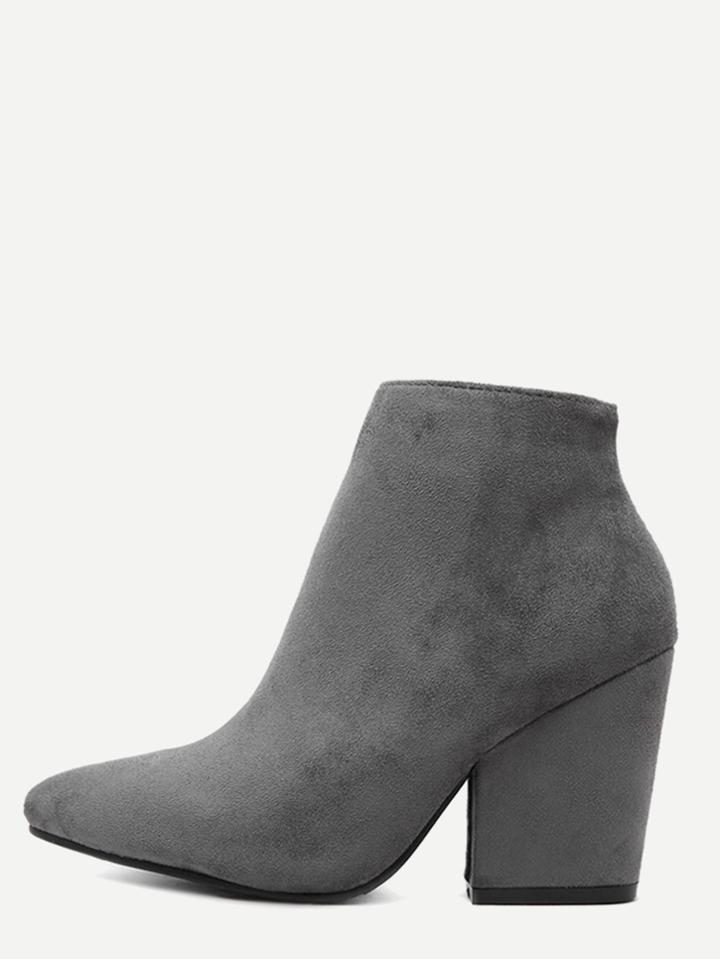 Romwe Grey Faux Suede Point Toe Chunky Heel Ankle Boots