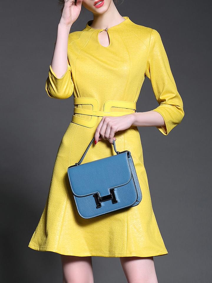 Romwe Yellow Round Neck Length Sleeve Drawstring Flare Dress