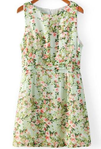 Romwe Green Sleeveless Floral Peplum Waist Dress