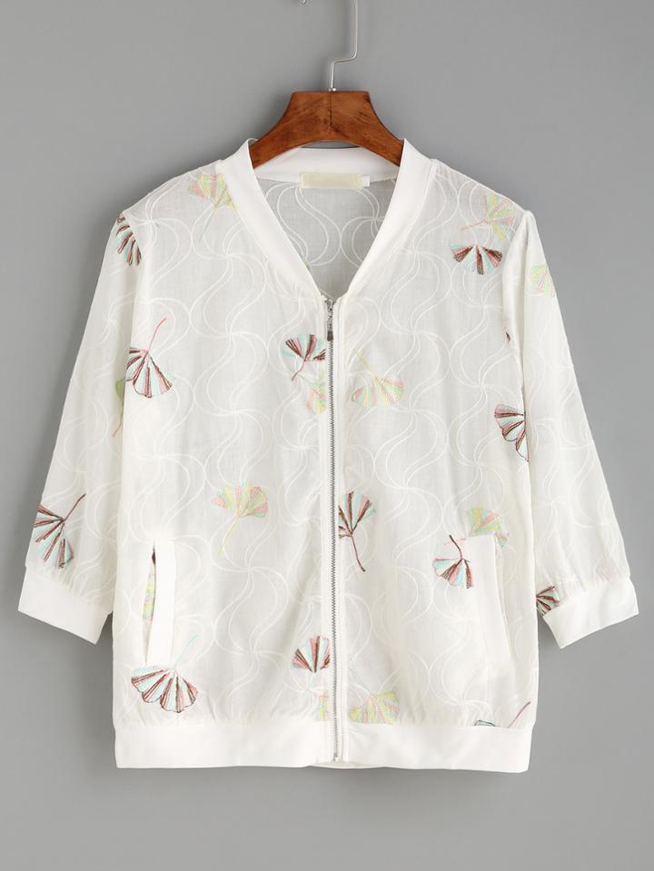 Romwe White Leaf Embroidered Bomber Jacket