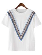 Romwe White Short Sleeve Denim V Shaped Patch T-shirt