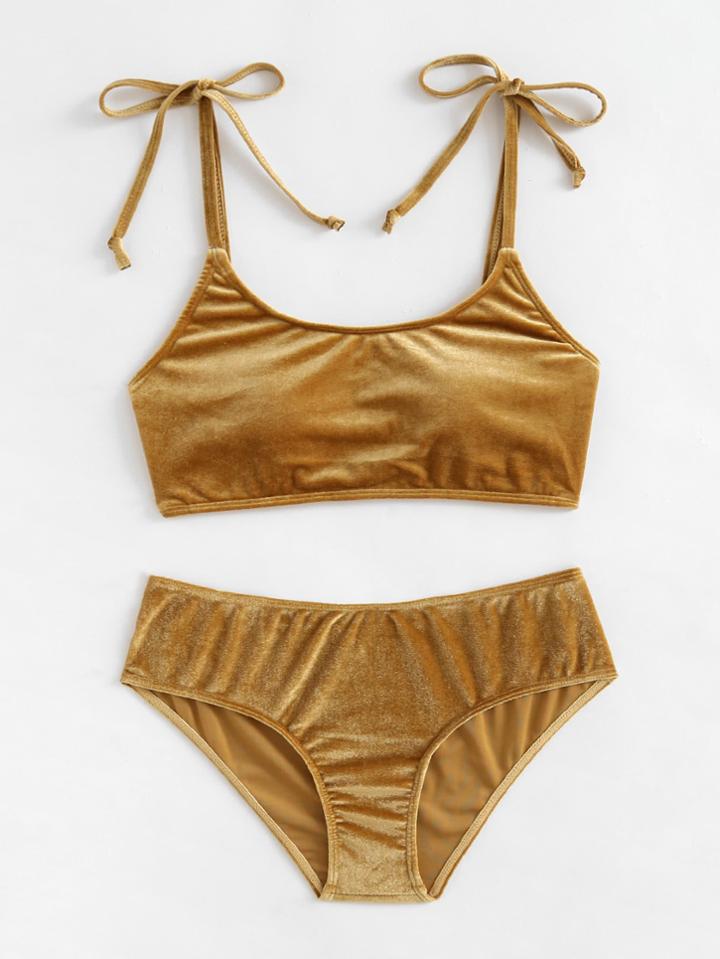 Romwe Tie Shoulder Velvet Bikini Set