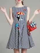 Romwe Navy White Striped Embroidered A-line Dress
