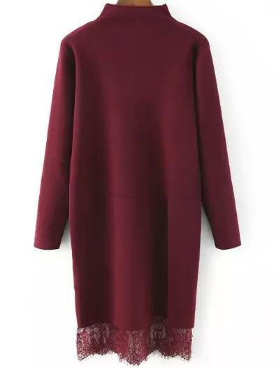 Romwe High Neck Lace Insert Slit Burgundy Jersey Dress