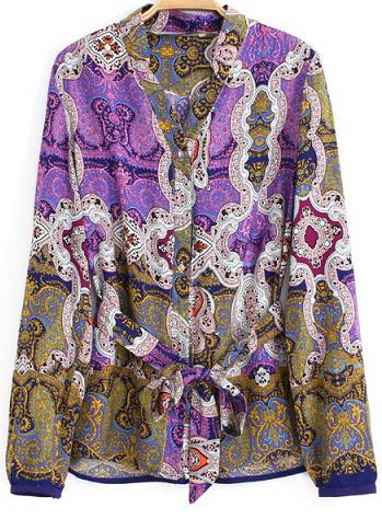 Romwe Totem Print Tie Vintage Blouse