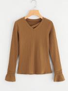 Romwe V Neckline Fluted Sleeve Ribbed Sweater