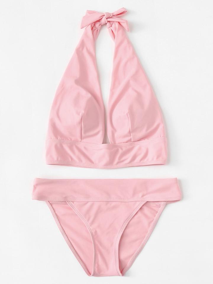 Romwe Plain Halter Bikini Set
