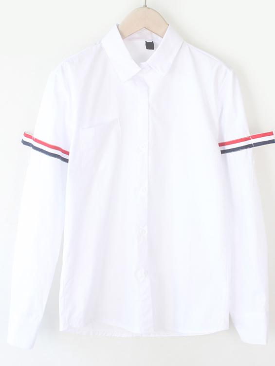 Romwe White Pointed Collar Blouse With Striped Tape Detail