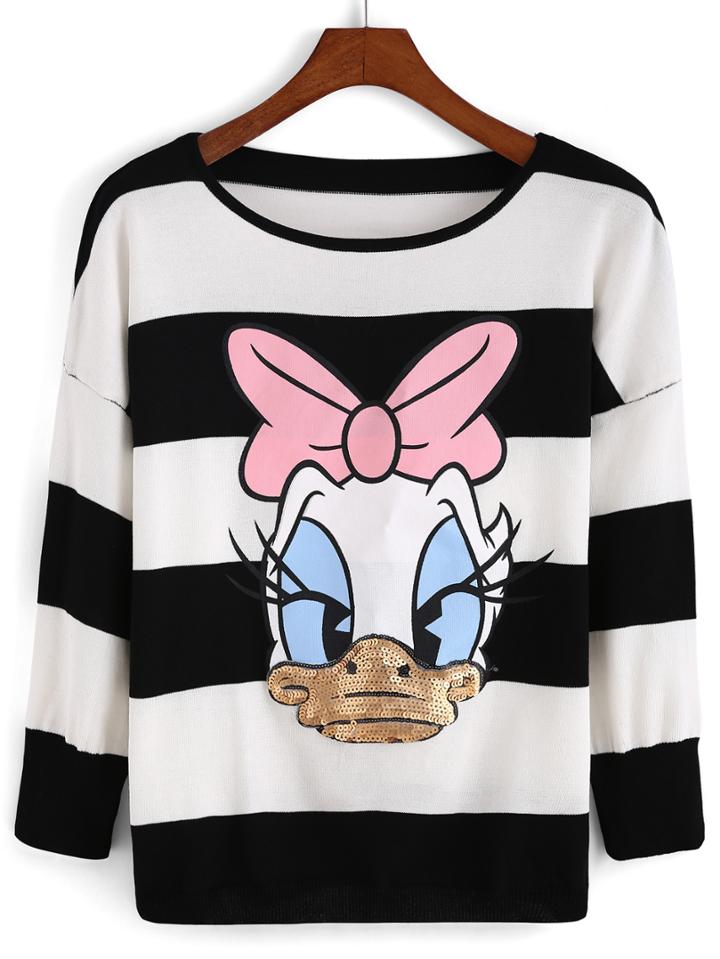 Romwe Striped Sequined Loose T-shirt