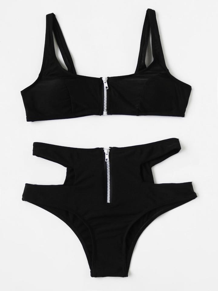Romwe Contrast Zipper Cutout High Waist Bikini Set