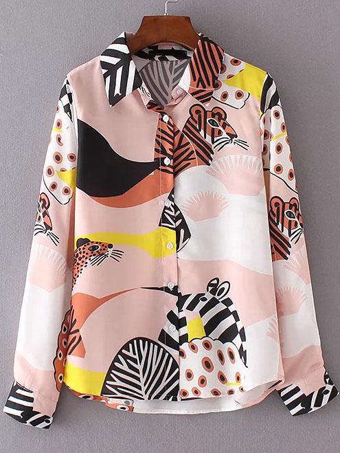 Romwe Multicolor Animal Print Dip Hem Blouse