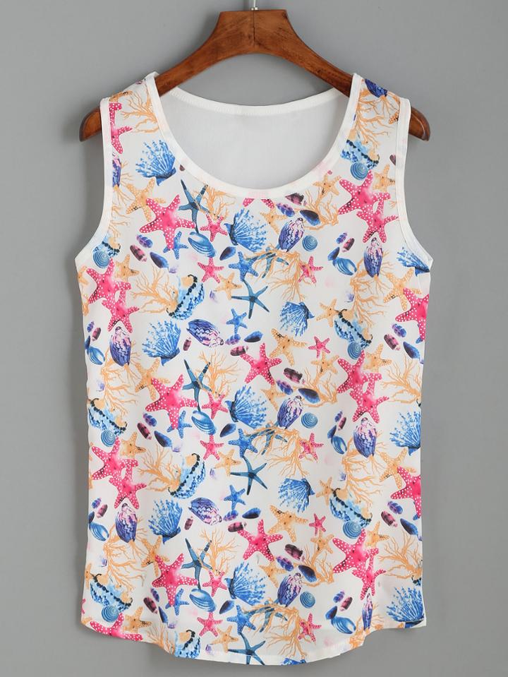 Romwe White Seashell And Starfish Print Tank Top
