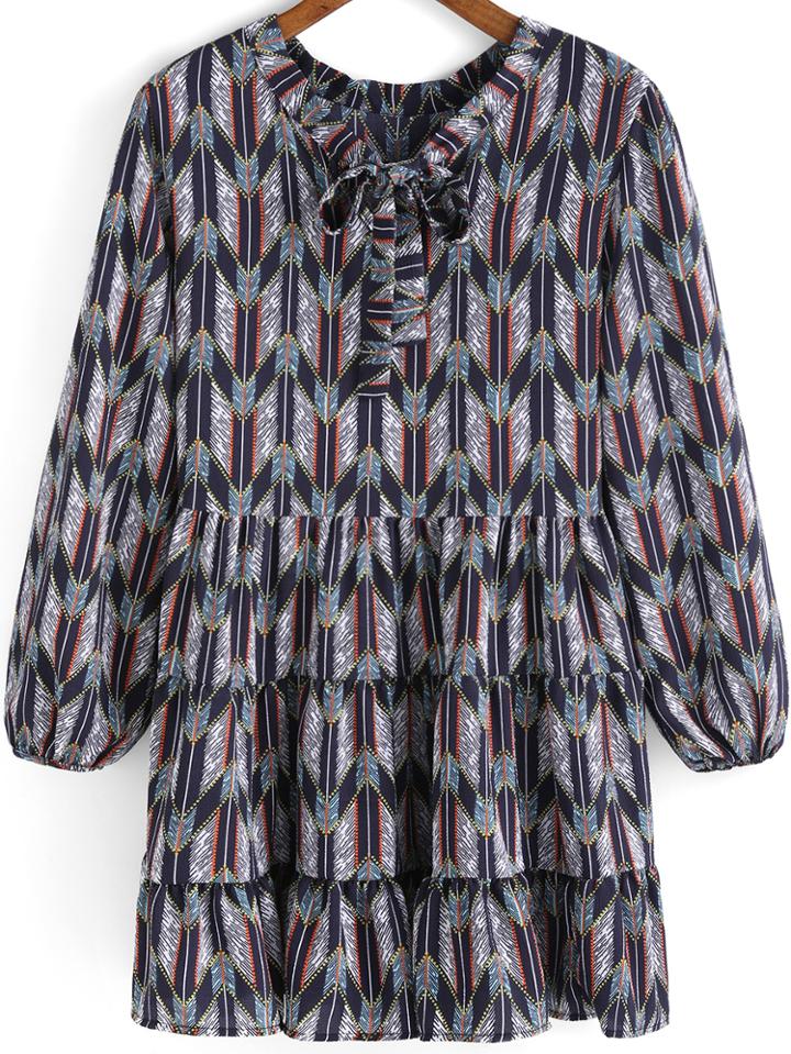 Romwe Tie-neck Geometric Print Dress