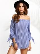 Romwe Blue Vertical Striped Off The Shoulder Tie Sleeve Top