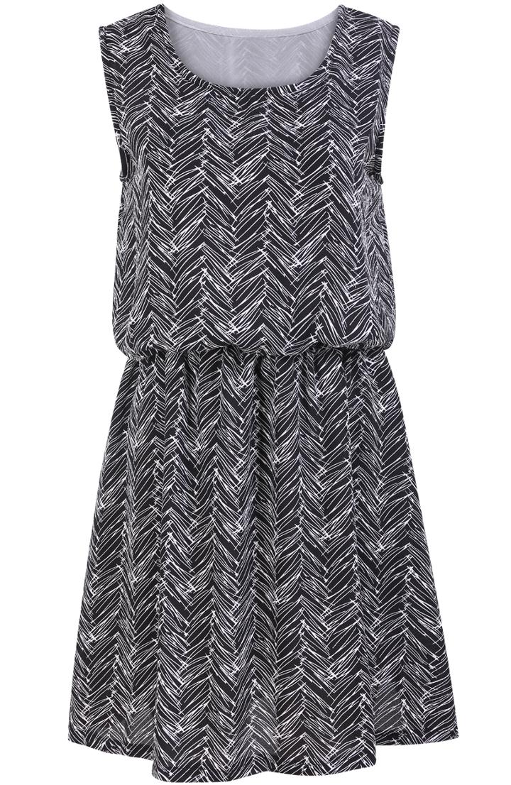 Romwe Black Sleeveless Feather Print Chiffon Dress