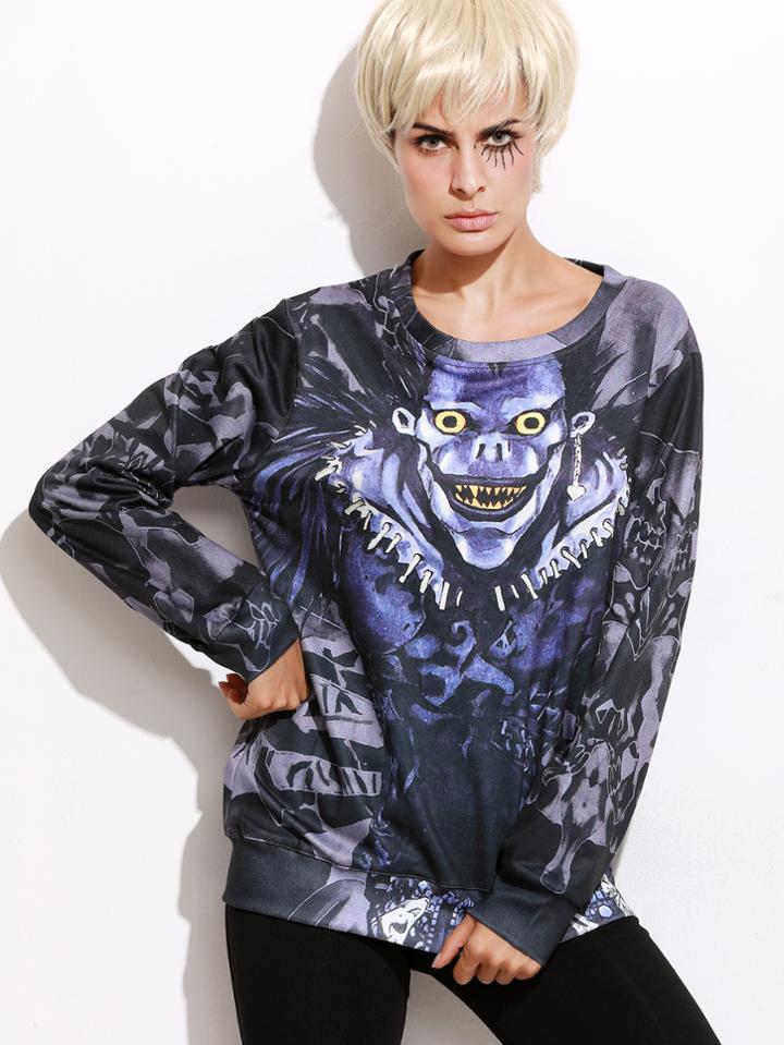 Romwe Dark Grey Printed Halloween Sweatshirt