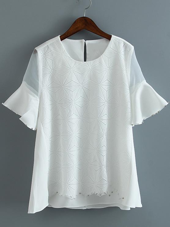 Romwe White Bell Sleeve Beadings Snowflake Embroidery Blouse