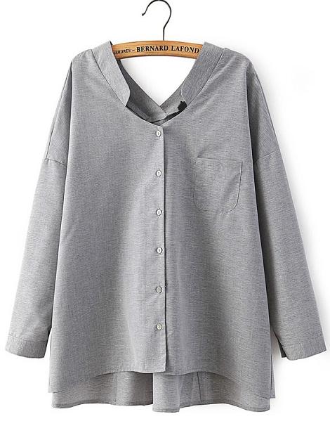 Romwe V Neck Dip Hem Grey Blouse