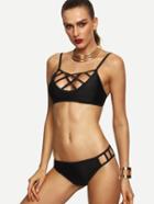 Romwe Black Lattice Front Ladder-cutout Bikini Set