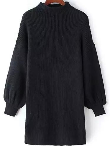 Romwe Lantern Sleeve Black Sweater Dress