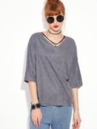 Romwe Grey V Neck Suede T-shirt With Choker