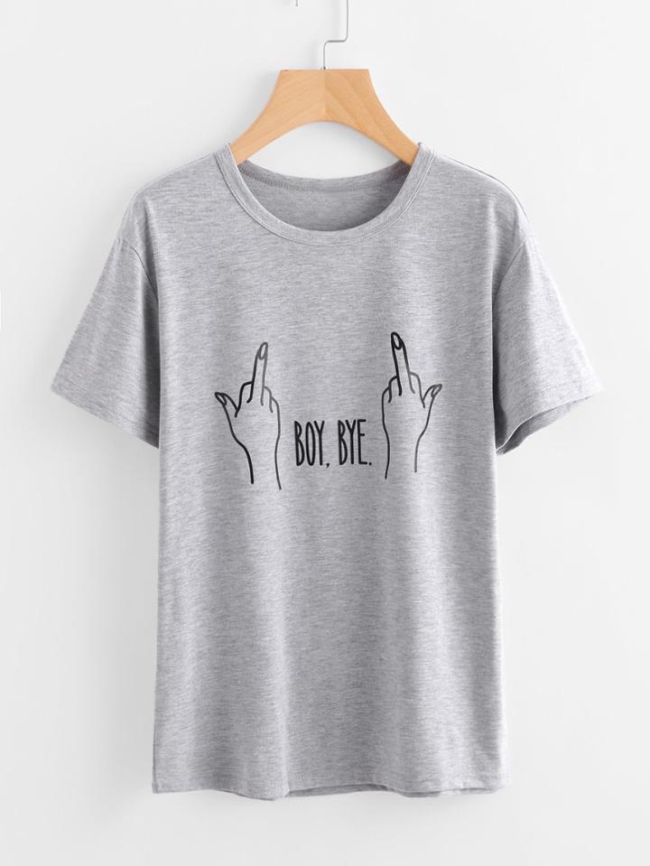 Romwe Letter And Gesture Print Marled T-shirt