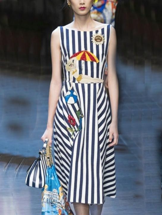 Romwe Blue White Vertical Stripe Embroidered Sleeveless Dress