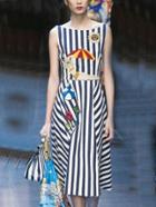 Romwe Blue White Vertical Stripe Embroidered Sleeveless Dress