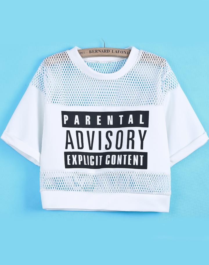 Romwe Hollow Mesh Yoke Letters Print White T-shirt